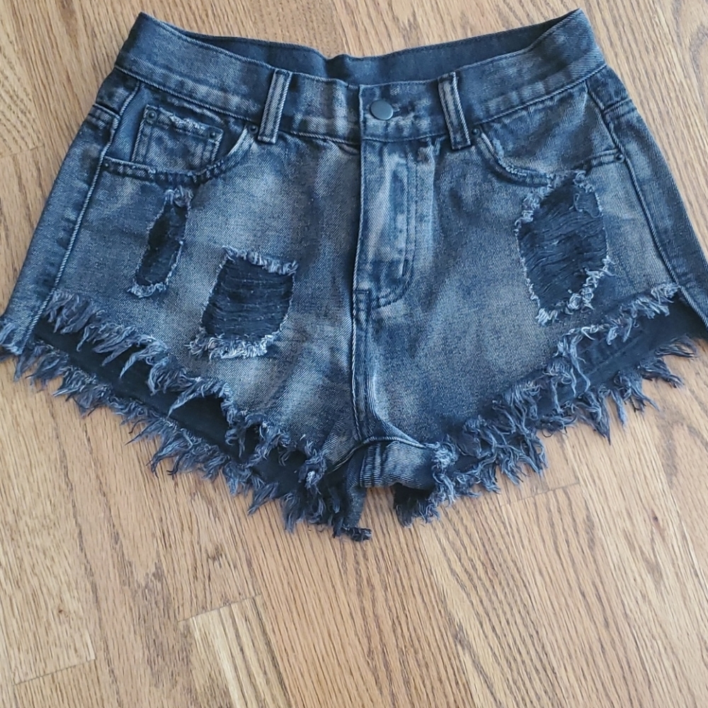 Shein Dark Wash Distressed Raw Hem Denim Shorts S
